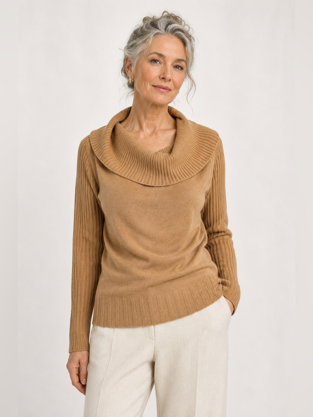 SNAZZIE Camel Cowl Neck Knit Sweater Small Quiet Luxury